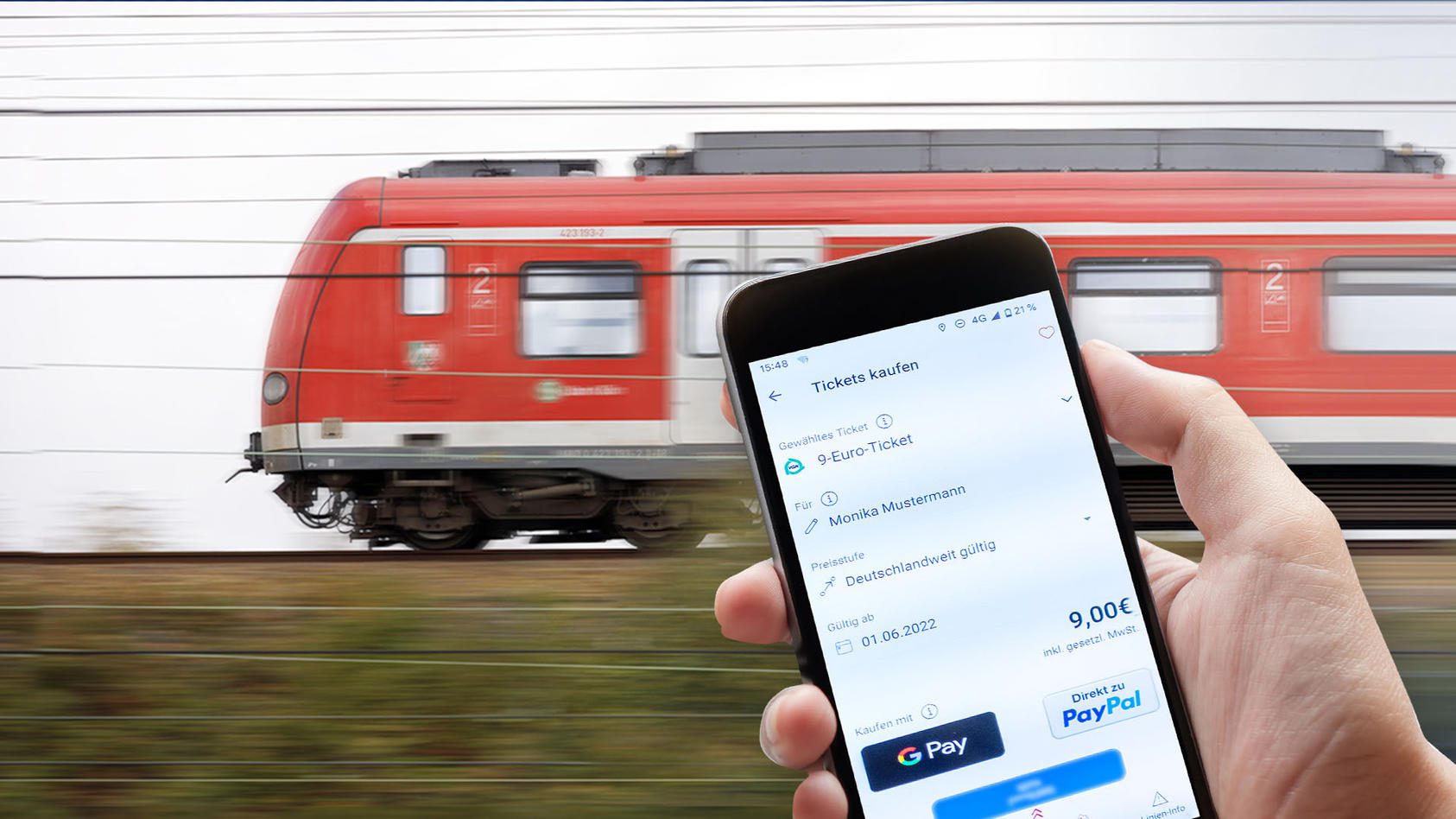 Kollage: Zug und Mensch bucht das 9-Euro-Ticket über App