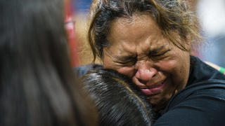  May 25, 2022, Uvalde, Texas: A fourth-grade teacher at Robb Elementary School in Uvalde, Texas hugs her student at the vigil for the victims of the mass shooting at their school which left 19 students, 2 adults and the gunman dead. The teacher said her classroom was right next to where the gunman barricaded himself and she told her students to pray after taking shelter. Uvalde Texas - ZUMAh163 20220525_znp_h163_042 Copyright: xJintakxHanx