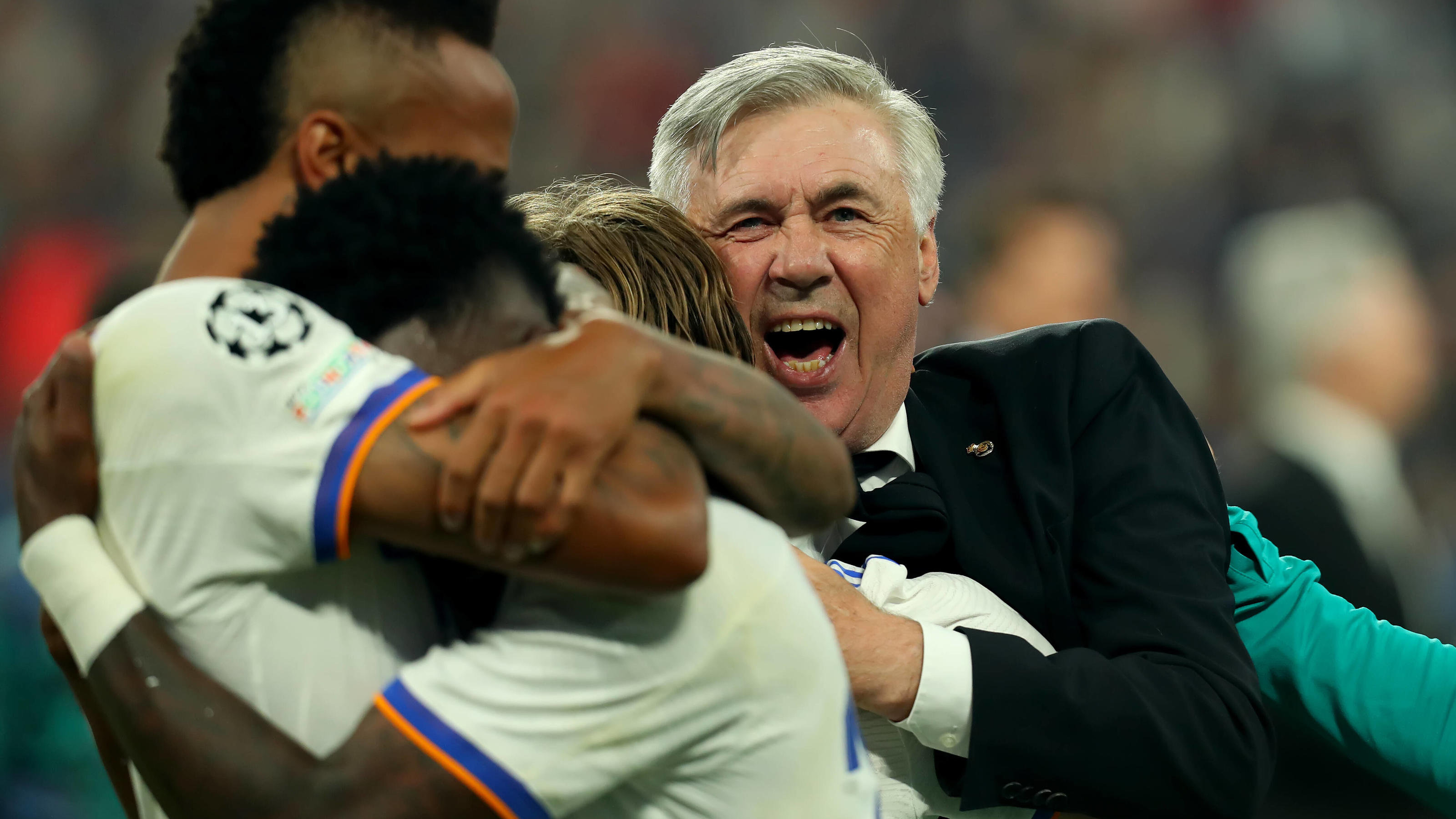  28th May 2022 Stade de France stadium, Saint-Denis, Paris, France. Champions League football final between Liverpool FC and Real Madrid Real Madrid Manager Carlo Ancelotti celebrates after they win the Champions League final PUBLICATIONxNOTxINxUK Ac
