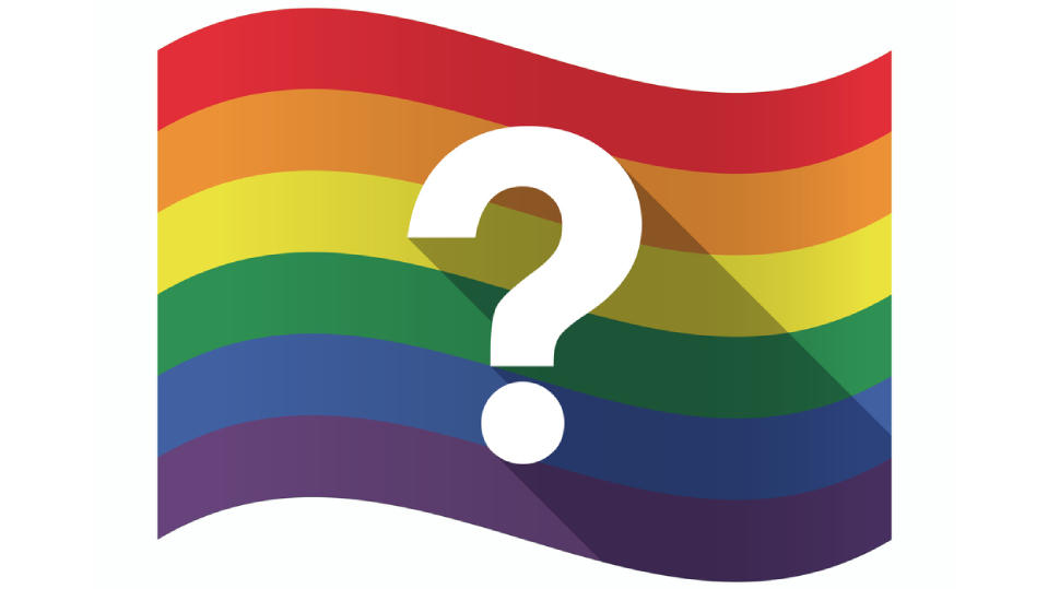 Fragezeichen vor Regenbogenflagge
