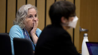 FILE - Romance writer Nancy Crampton Brophy, left, accused of killing her husband, Dan Brophy, in June 2018, watches proceedings in court in Portland, Ore., on April 4, 2022. She was sentenced Monday, June 13, 2022, to life in prison with the possibility of parole for murdering her husband. (Dave Killen/The Oregonian via AP, Pool, File)