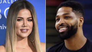 This combination photo shows TV personality Khloe Kardashian at the NBCUniversal Network 2017 Upfront in New York on May 15, 2017, left, and Cleveland Cavaliers' Tristan Thompson during an NBA basketball practice in Oakland, Calif., on May 30, 2018.  A representative for Kardashian confirms she and ex Tristan Thompson have conceived a sibling for daughter True via surrogate. In a statement, the rep says the surrogate got pregnant in November. (AP Photo)