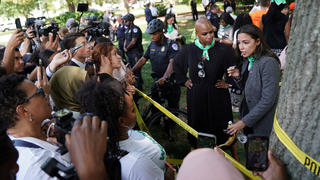 Representatives Ayanna Pressley (D-MA) and Alexandria Ocasio-Cortez (D-NY) speak to the press while detained for their part in an abortion rights protest outside of the U.S. Supreme Court in Washington, D.C., U.S., July 19, 2022. REUTERS/Sarah Silbiger