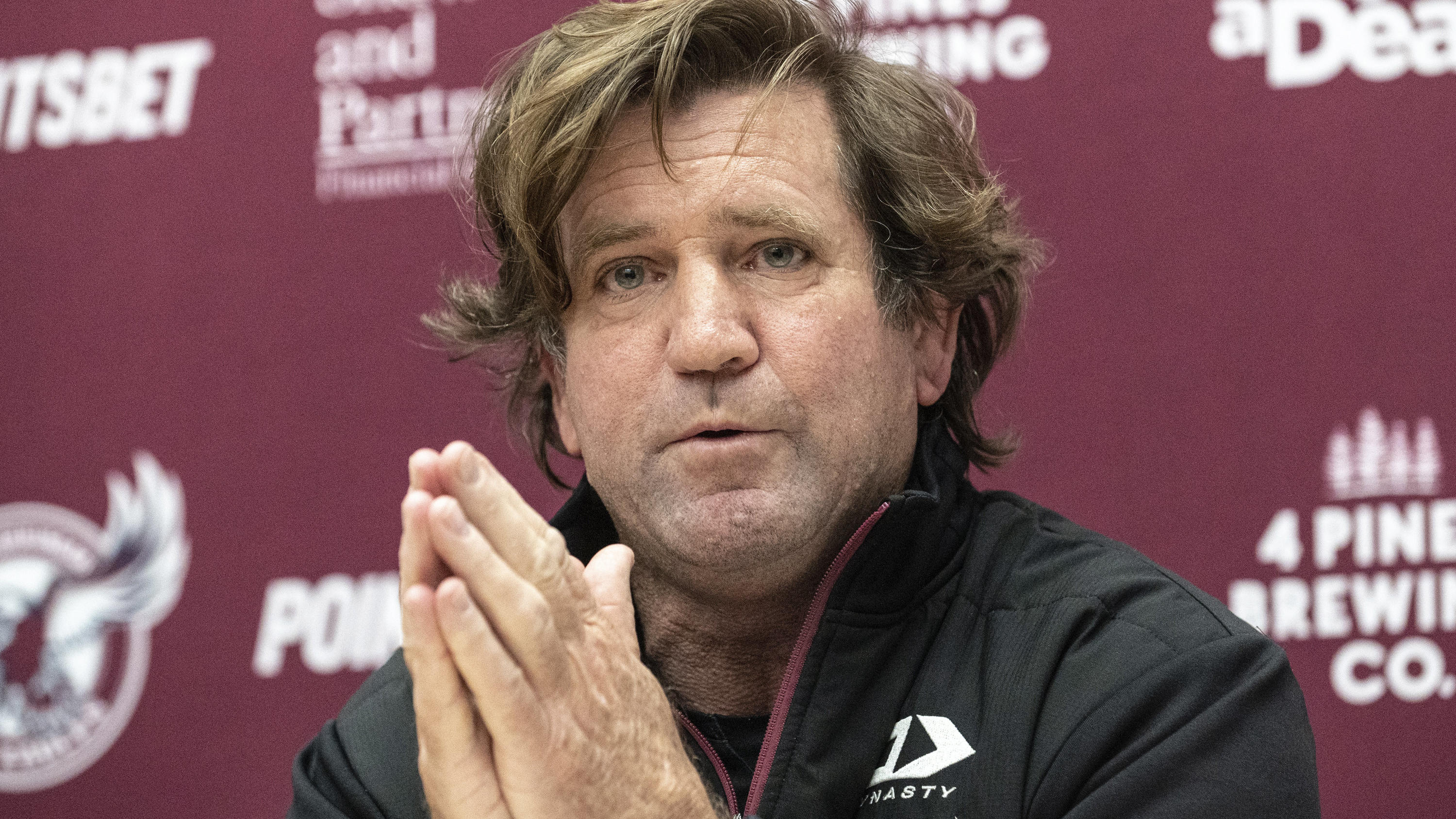 Des Hasler, coach of the Manly Sea Eagles in Australia's National Rugby League, speaks to media in Sydney, Tuesday, July 26, 2022. Seven Sea Eagles players have withdrawn from a match because they're unwilling to wear their club's LGBTQ inclusion jer