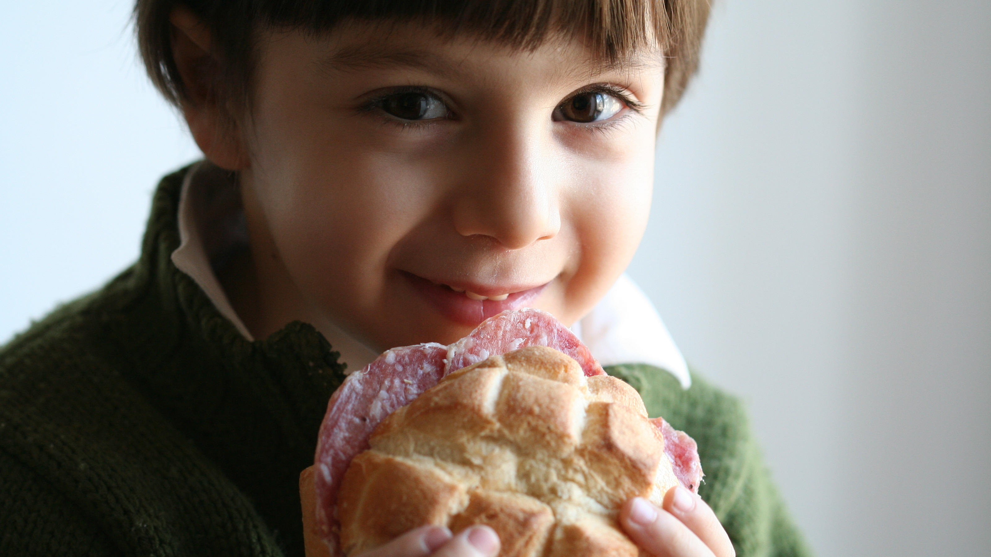 Ein Junge hält ein Wurstbrötchen in der Hand.
