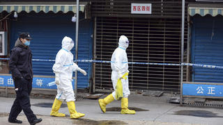 ARCHIV - 27.01.2020, China, Wuhan: Arbeiter in Schutzkleidung tragen eine Tasche in der sich ein Riesensalamander befindet, der vom Huanan Seafood Market entkommen sein soll. Zwei neue Studien untermauern die Annahme, dass das Coronavirus von einem Tiermarkt der chinesischen Metropole Wuhan stammt - und nicht aus einem chinesischen Labor. (zu dpa «Studien: Coronavirus kam wahrscheinlich vom Tiermarkt in Wuhan») Foto: -/CHINATOPIX/AP/dpa +++ dpa-Bildfunk +++