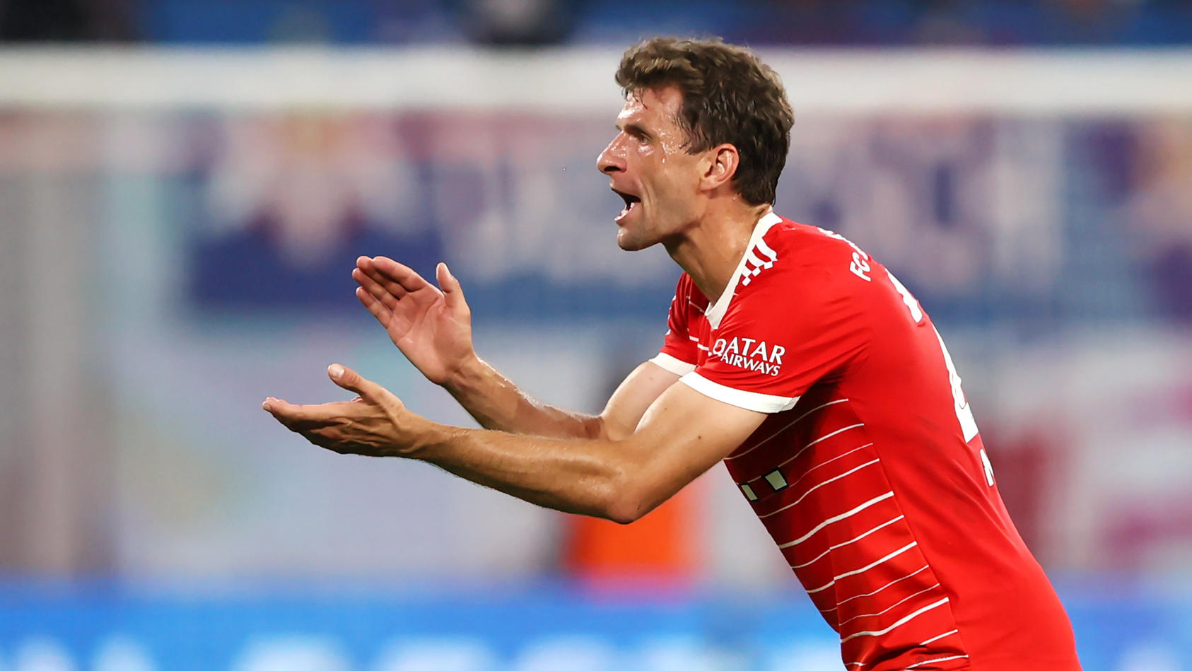 LEIPZIG, GERMANY - JULY 30: Thomas Muller of Bayern Munich reacts during the Supercup 2022 match between RB Leipzig and FC Bayern MÃ¼nchen at Red Bull Arena on July 30, 2022 in Leipzig, Germany. (Photo by Martin Rose/Getty Images)