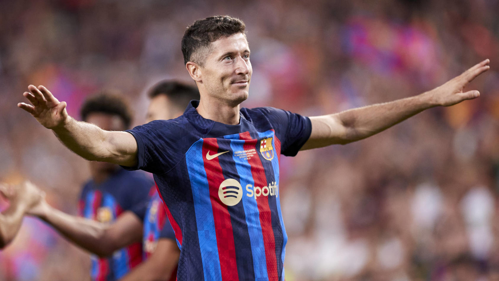  BARCELONA, SPAIN - AUGUST 7: Robert Lewandowski of FC Barcelona, Barca reacts after scoring goal during the pre-season friendly match of Trofeu Joan Gamper between FC Barcelona and Pumas UNAM on August 7, 2022 at Spotify Camp Nou in Barcelona, Spain