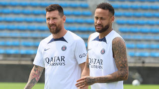  July 18, 2022, Tokyo, Japan - French football club team Paris Saint-Germain star players Lionel Messi L and Neymar Jr R arrive at the Prince Chichibu Rugby Field as they give a football clinic for children in Tokyo on Monday, July 18, 2022. Paris Sa