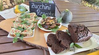 Gesunde und leckere Zucchinirezepte: Zucchini-Schoko-Kuchen, Zucchini-Chips und Zucchini-Rolle.