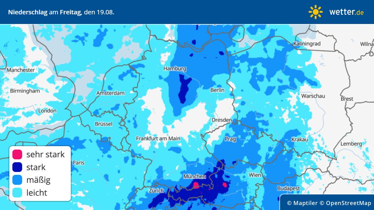 Die Grafik zeigt die Niederschläge am Freitag, 19.08.2022