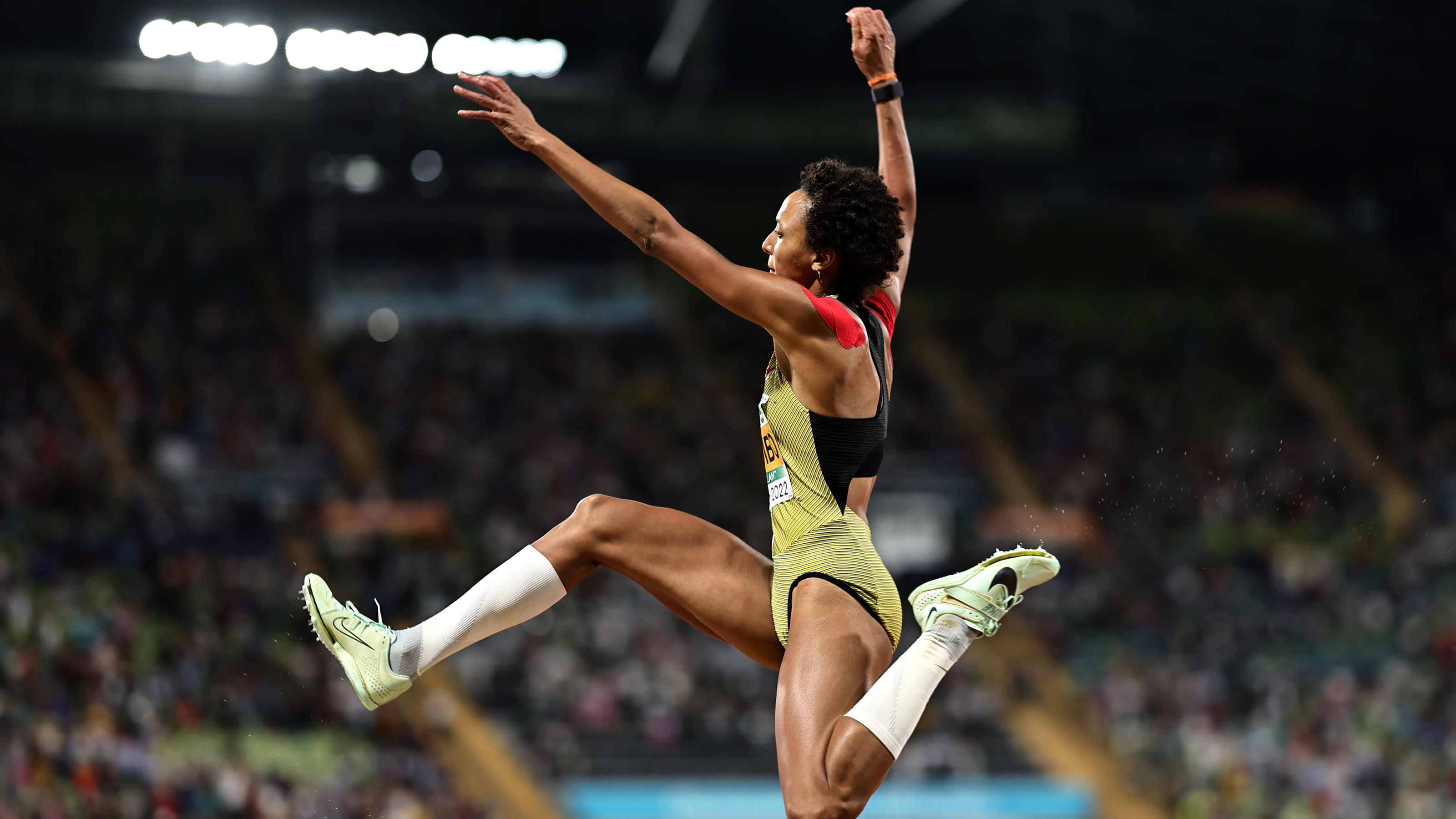 MUNICH, GERMANY - AUGUST 18: Malaika Mihambo of Germany competes in the Women's Long Jump Final during the Athletics competition on day 8 of the European Championships Munich 2022 at Olympiapark on August 18, 2022 in Munich, Germany. (Photo by Simon 