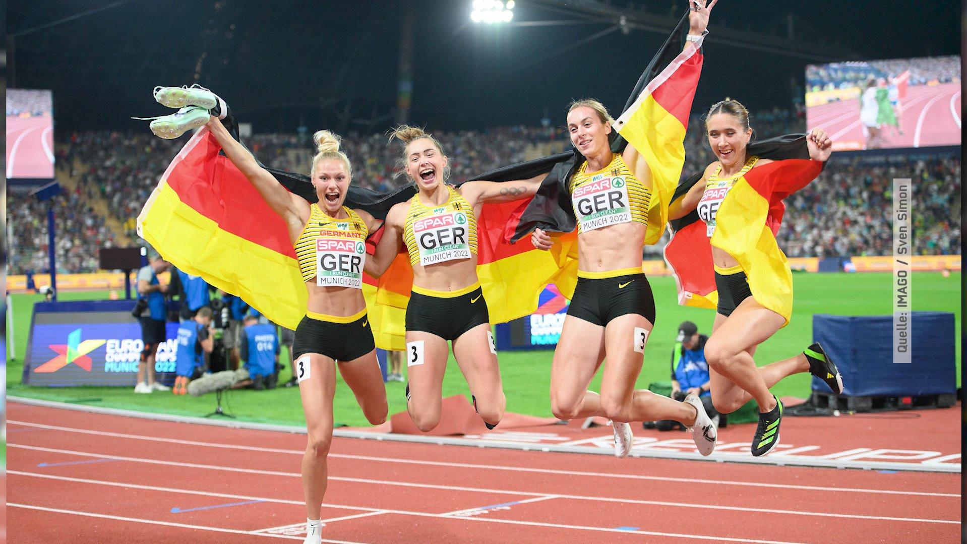 Lisa Mayer holt gemeinsam mit der Deutschen Sprint-Staffel die Goldmedaille in der Leichtathletik-EM in München.