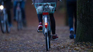 ILLUSTRATION - Radfahrer mit Licht fahren am 09.11.2014 in Muenchen (Bayern) ueber einen mit Herbstlaub bedeckten Weg. Foto: Tobias Hase