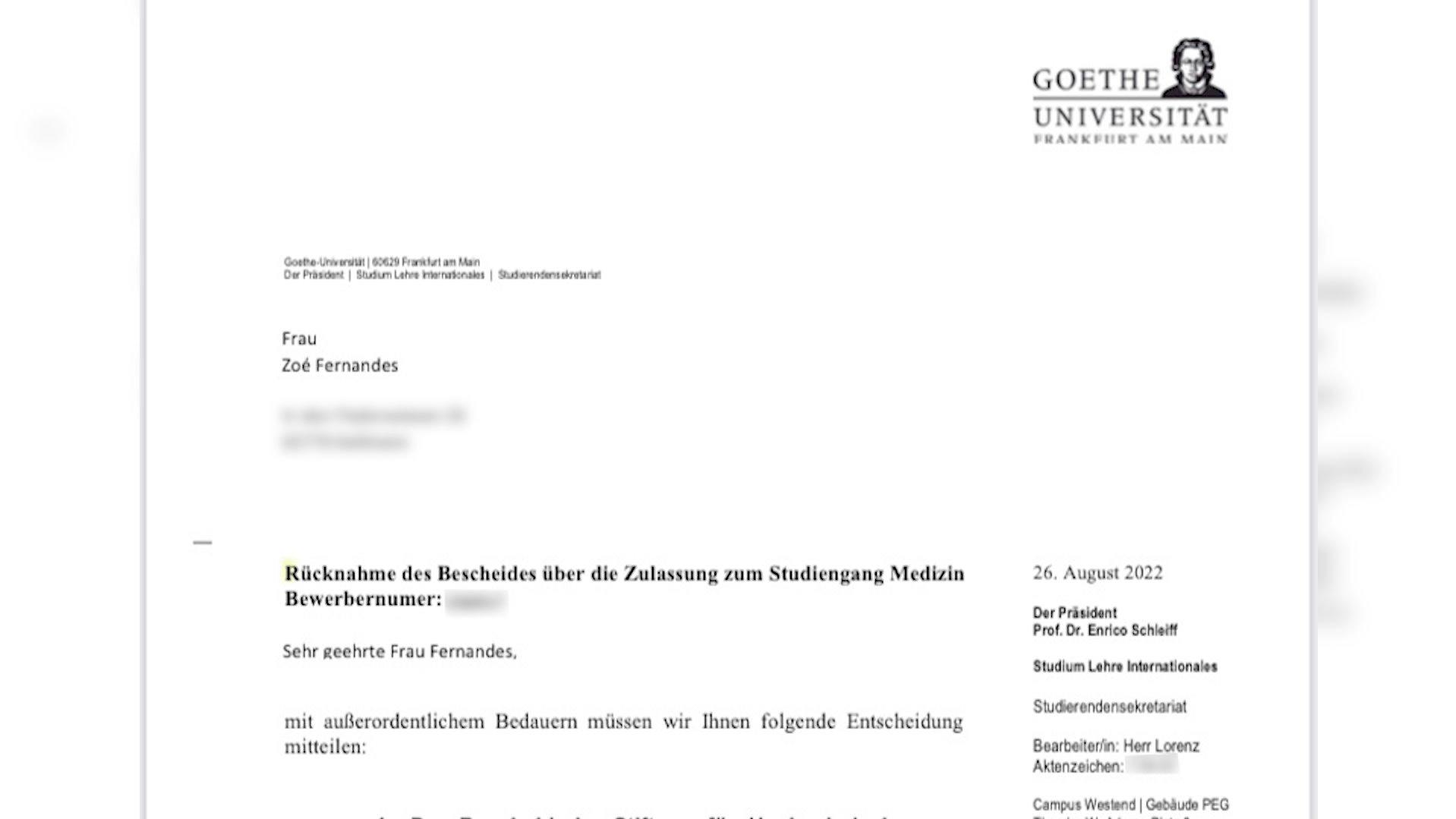 Schreiben der Frankfurter Goethe-Universität zur Vergabe-Panne.