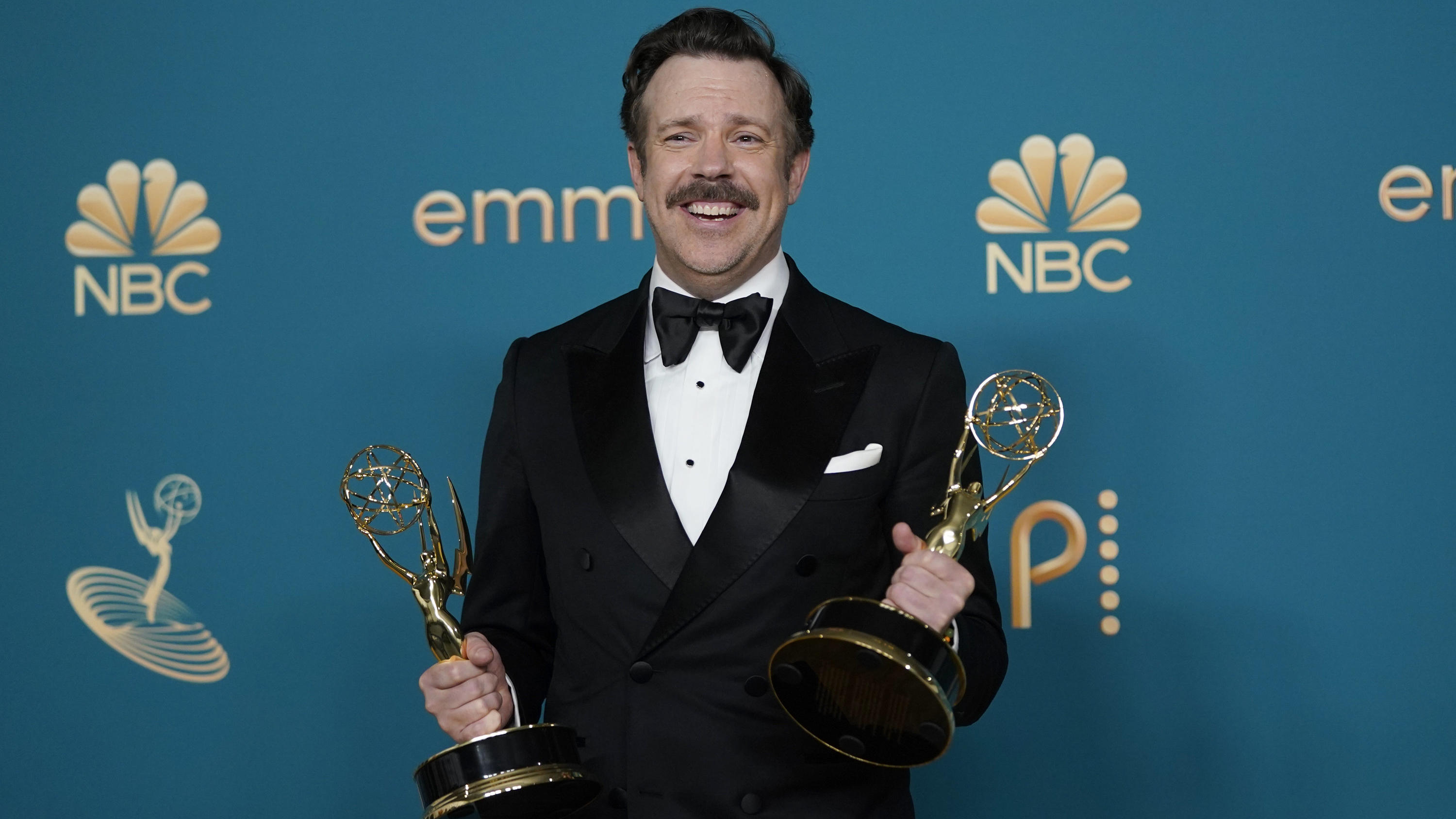 Jason Sudeikis, winner of the Emmys for outstanding lead actor in a comedy series and outstanding comedy series for "Ted Lasso" poses in the press room at the 74th Primetime Emmy Awards on Monday, Sept. 12, 2022, at the Microsoft Theater in Los Angel
