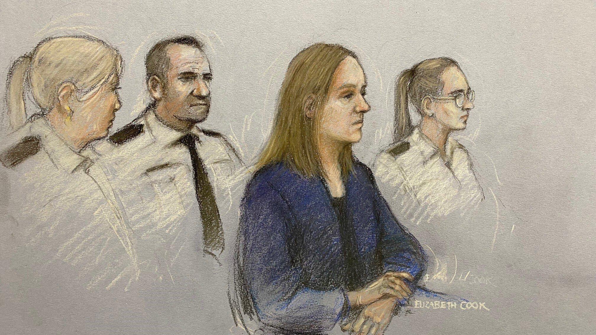 This court artist sketch by Elizabeth Cook shows Lucy Letby appearing in the dock at Manchester Crown Court, in Manchester, England, Monday Oct. 10, 2022. Letby, 32, has been charged with murder in the deaths of five baby boys and two girls, and the 