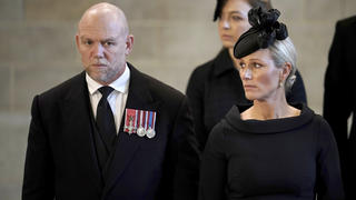 Zara Tindall and her husband Mike Tindall pay their respects to Queen Elizabeth II as the coffin rests in Westminster Hall for her Lying-in State, in London, Wednesday, Sept. 14, 2022. (Christopher Furlong/Pool Photo via AP)