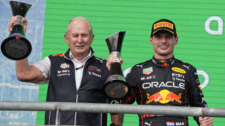 Red Bull driver Max Verstappen, of the Netherlands, right, and Helmut Marko, left, head of Red Bull Motorsports, pose with trophies after the Formula One U.S. Grand Prix auto race at the Circuit of the Americas, Sunday, Oct. 23, 2022, in Austin, Texas. (AP Photo/Charlie Neibergall)