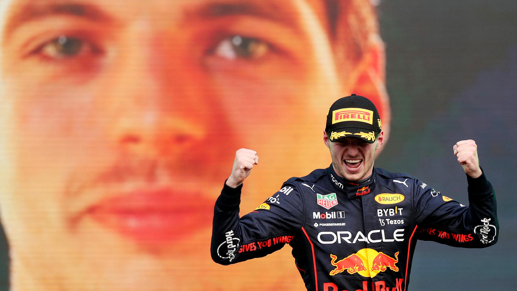 Formula One F1 - Mexico City Grand Prix - Autodromo Hermanos Rodriguez, Mexico City, Mexico - October 30, 2022 Red Bull's Max Verstappen celebrates on the podium after winning the race and setting a new F1 record of 14 grand prix wins in a season REU