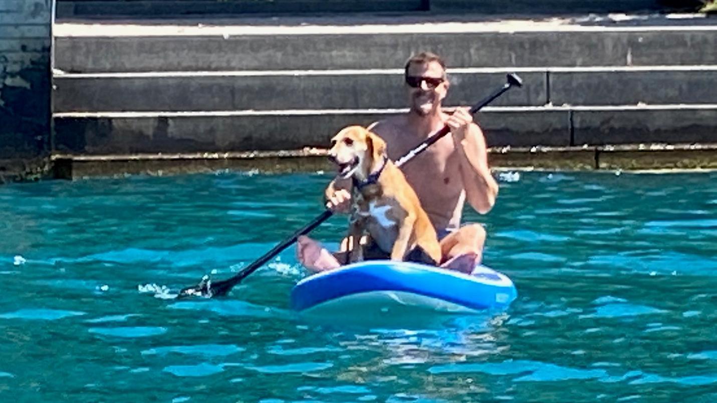 Hund Viski und sein Herrchen auf dem Stand-up Paddle.