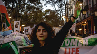  November 19, 2022, Barcelona, Catalonia, Spain: Activists shout slogans while marching through Barcelona in solidarity with protests in Iran that have erupted since the death of 22-year-old Masha Aminiy in custody of so-called morality police. Barcelona Spain - ZUMAo105 20221119_zap_o105_026 Copyright: xMatthiasxOesterlex