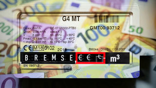 Gaszähler mit Aufschrift Bremse und Geldscheinen, Symbolfoto Gaspreisbremse / action press