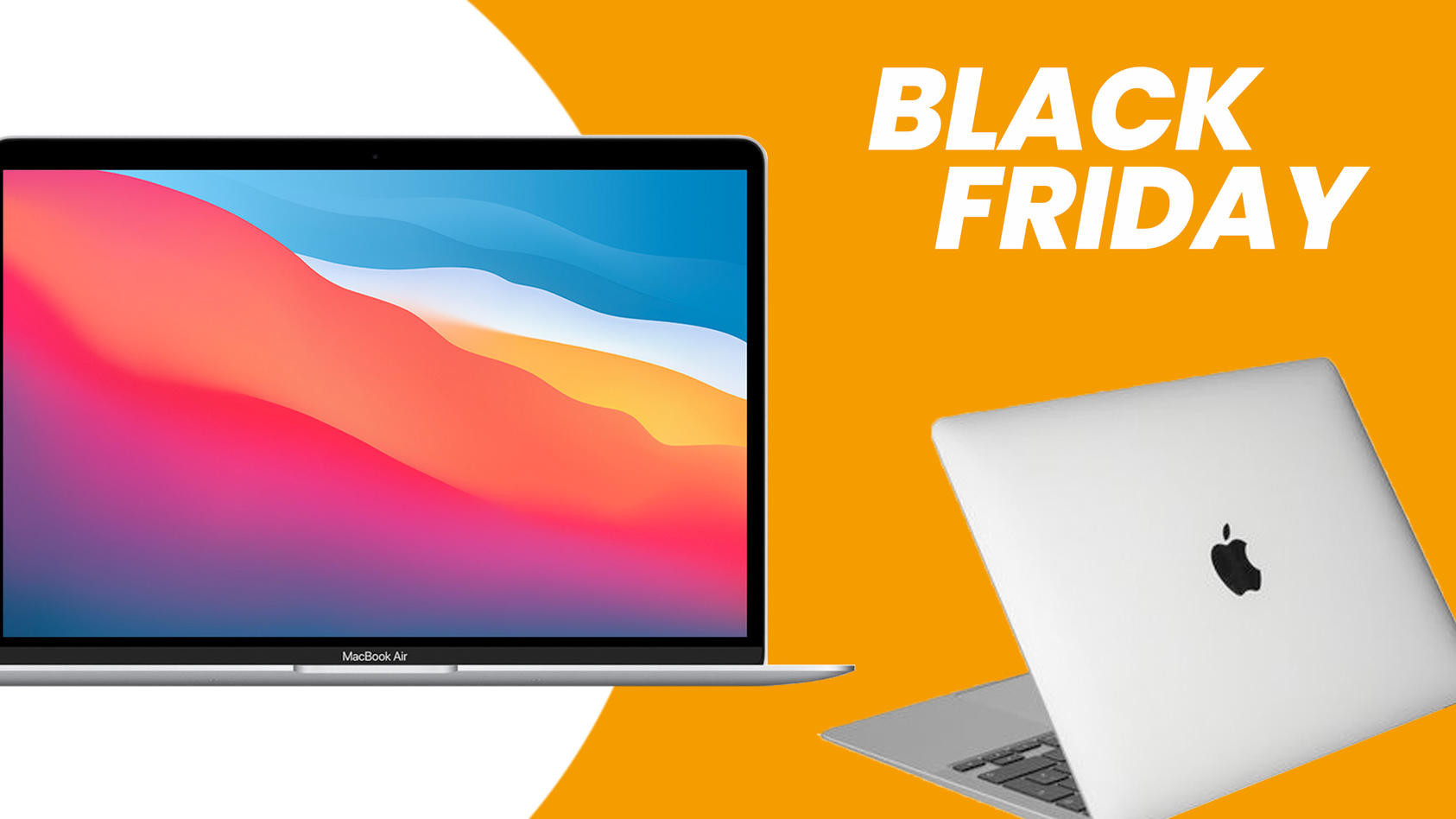 Das MacBook Air (2020) auf weiß-orangen Hintergrund und die in weißer Schrift "Black Friday" in der Ecke oben rechts.