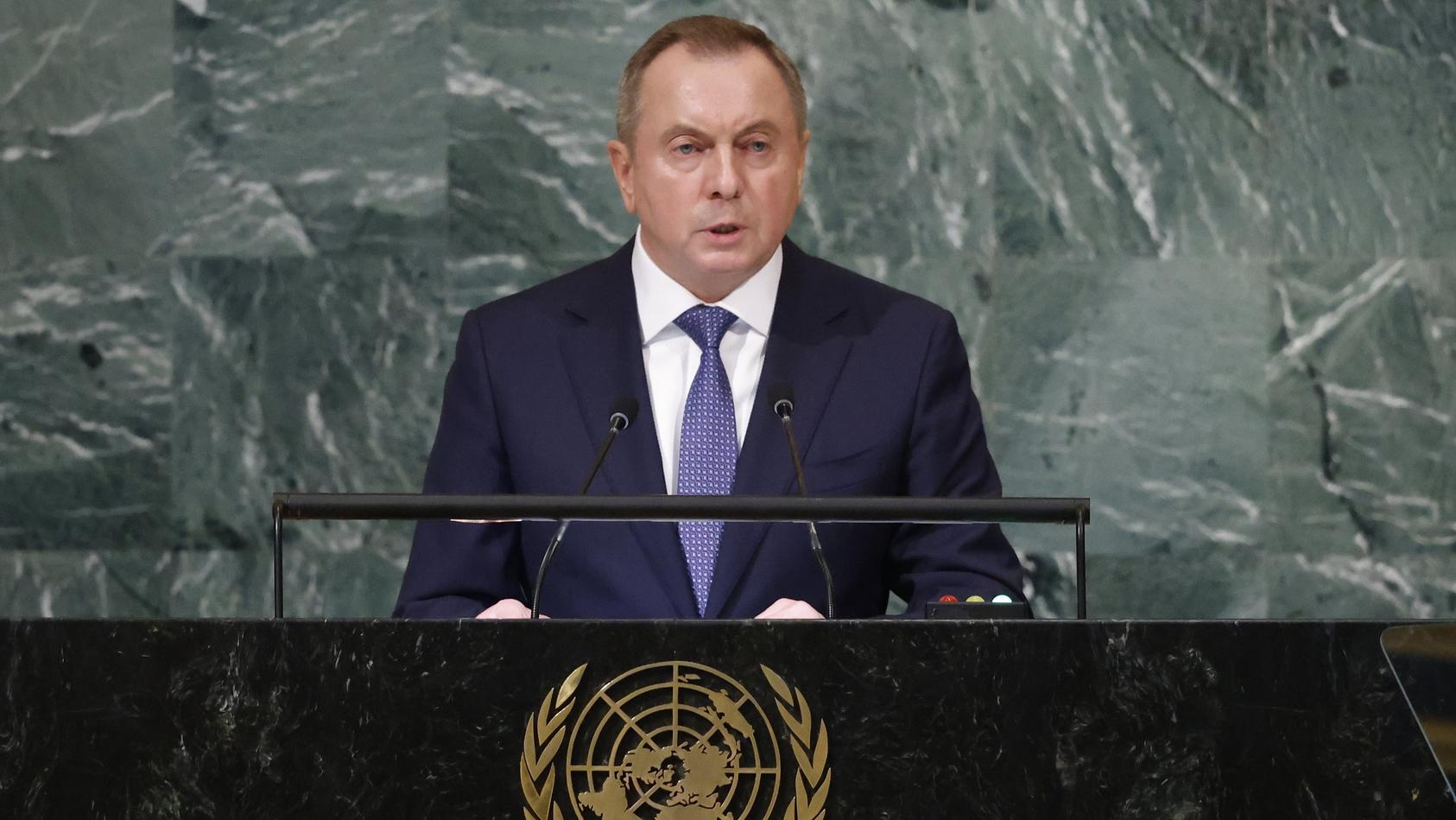 FILE - Foreign Minister of Belarus Vladimir Makei addresses the 77th session of the United Nations General Assembly, at U.N. headquarters, Saturday, Sept. 24, 2022. Belarusian Foreign Minister Vladimir Makei, a close ally of authoritarian President A