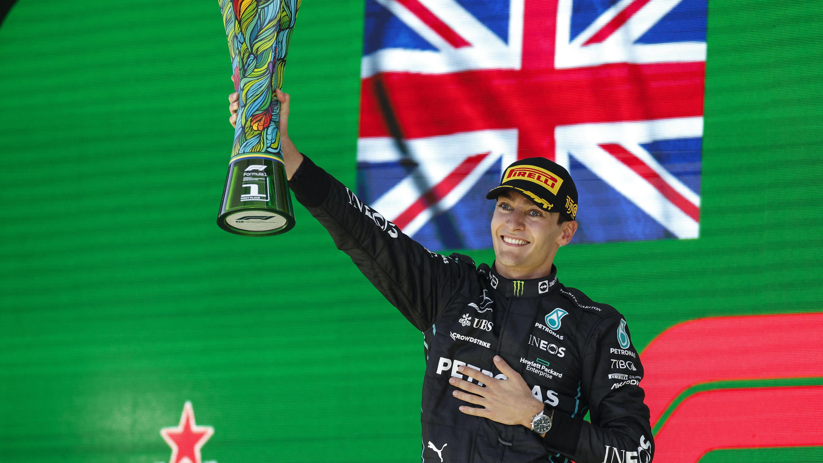  RUSSELL George gbr, Mercedes AMG F1 Team W13, portrait podium during the Formula 1 Heineken Grande Premio de Sao Paulo 2022, Sao Paulo Grand Prix Grand Prix 2022, 21st round of the 2022 FIA Formula One World Championship, WM, Weltmeisterschaft from 