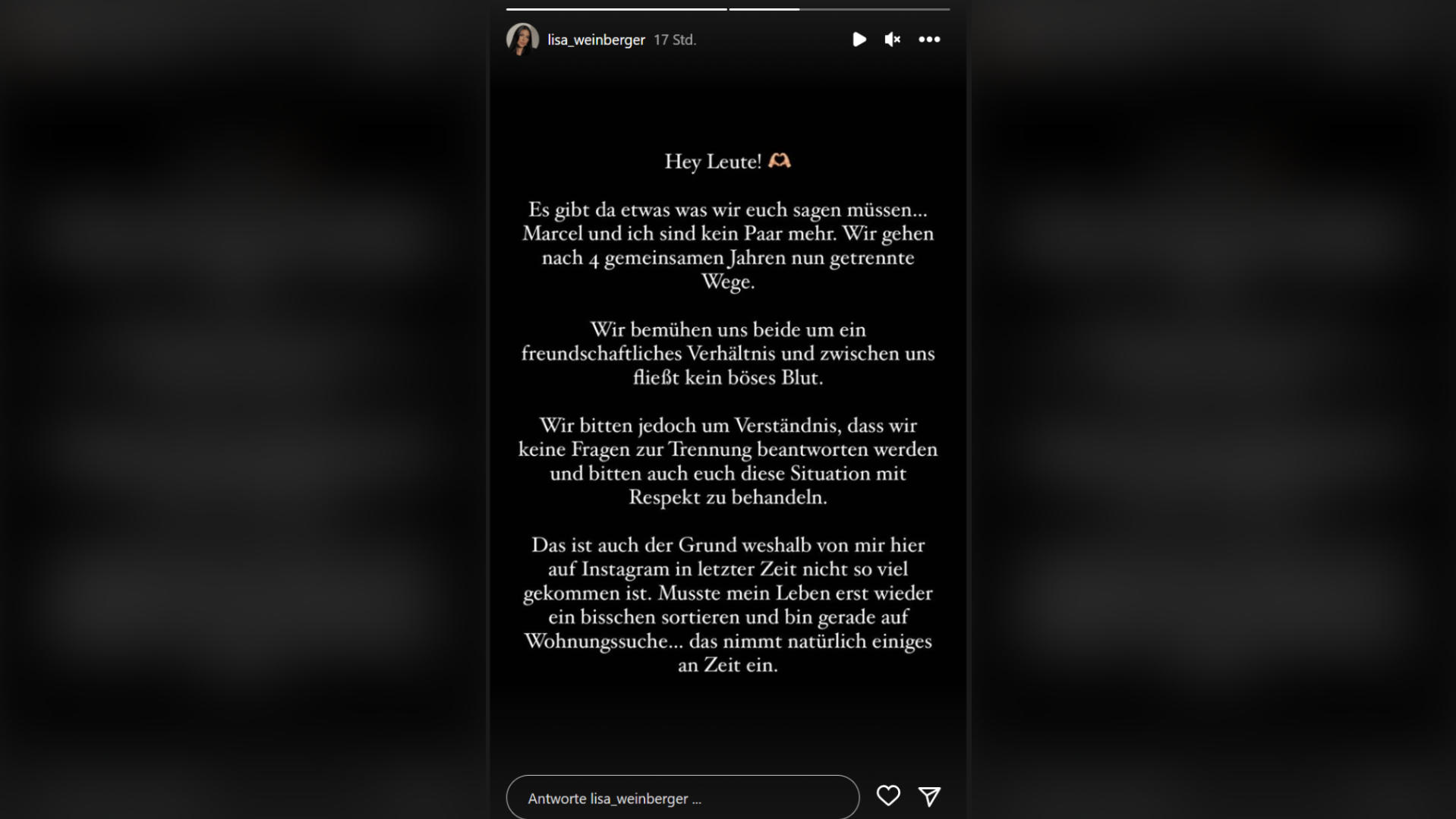 Lisa-Marie Weinberger äußert sich auf ihrem Instagram-Kanal zur Trennung.