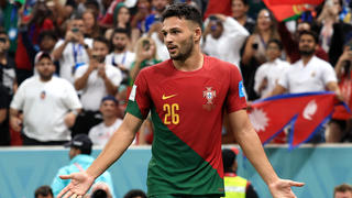 LUSAIL CITY, QATAR - DECEMBER 06: Goncalo Ramos of Portugal celebrates after scoring the team's fifth goal and their hat trick during the FIFA World Cup Qatar 2022 Round of 16 match between Portugal and Switzerland at Lusail Stadium on December 06, 2022 in Lusail City, Qatar. (Photo by Buda Mendes/Getty Images)
