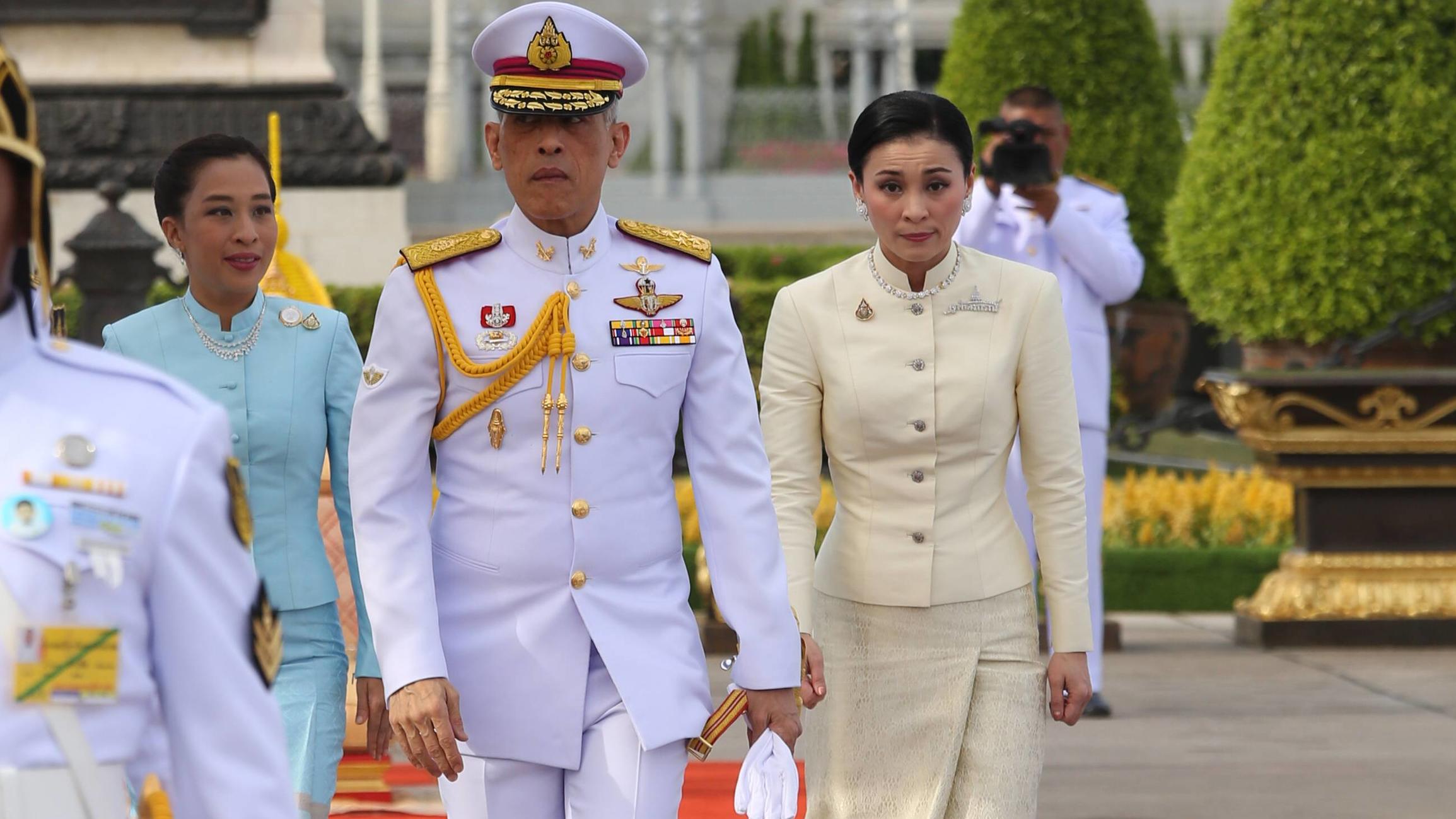 May 2, 2019 - Bangkok, Thailand - Thailand s King Maha Vajiralongkorn (L) and Queen Suthida (R) and his daughter Princess Bajrakitiyabha arrive to pay homage to the statue of former King Chulalongkorn or King Rama V ahead of the royal coronation at t