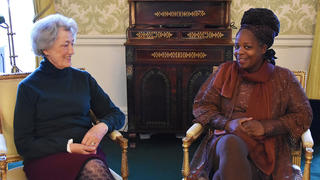 Lady Susan Hussey meets Ngozi Fulani, founder of the charity Sistah Space in the Regency room in Buckingham Palace, London, Britain Friday December 16, 2022.  Royal Communications/PA Wire/Handout via REUTERS     ATTENTION EDITORS - THIS IMAGE HAS BEEN SUPPLIED BY A THIRD PARTY.NO RESALES. NO ARCHIVES. MANDATORY CREDIT.  THIS HANDOUT PHOTO MAY ONLY BE USED IN FOR EDITORIAL REPORTING PURPOSES FOR THE CONTEMPORANEOUS ILLUSTRATION OF EVENTS, THINGS OR THE PEOPLE IN THE IMAGE OR FACTS MENTIONED IN THE CAPTION. THE PHOTOGRAPH IS PROVIDED TO YOU STRICTLY ON CONDITION THAT YOU WILL MAKE NO CHARGE FOR THE SUPPLY, RELEASE OR PUBLICATION OF IT AND THAT THESE CONDITIONS AND RESTRICTIONS WILL APPLY (AND THAT YOU WILL PASS THESE ON) TO ANY ORGANISATION TO WHOM YOU SUPPLY IT. THERE SHALL BE NO COMMERCIAL USE WHATSOEVER OF THE PHOTOGRAPHS (INCLUDING BY WAY OF EXAMPLE ONLY) ANY USE IN MERCHANDISING, ADVERTISING OR ANY OTHER NON-NEWS EDITORIAL USE. THE PHOTOGRAPHS MUST NOT BE DIGITALLY ENHANCED, MANIPULATED OR MODIFIED IN ANY MANNER OR FORM.