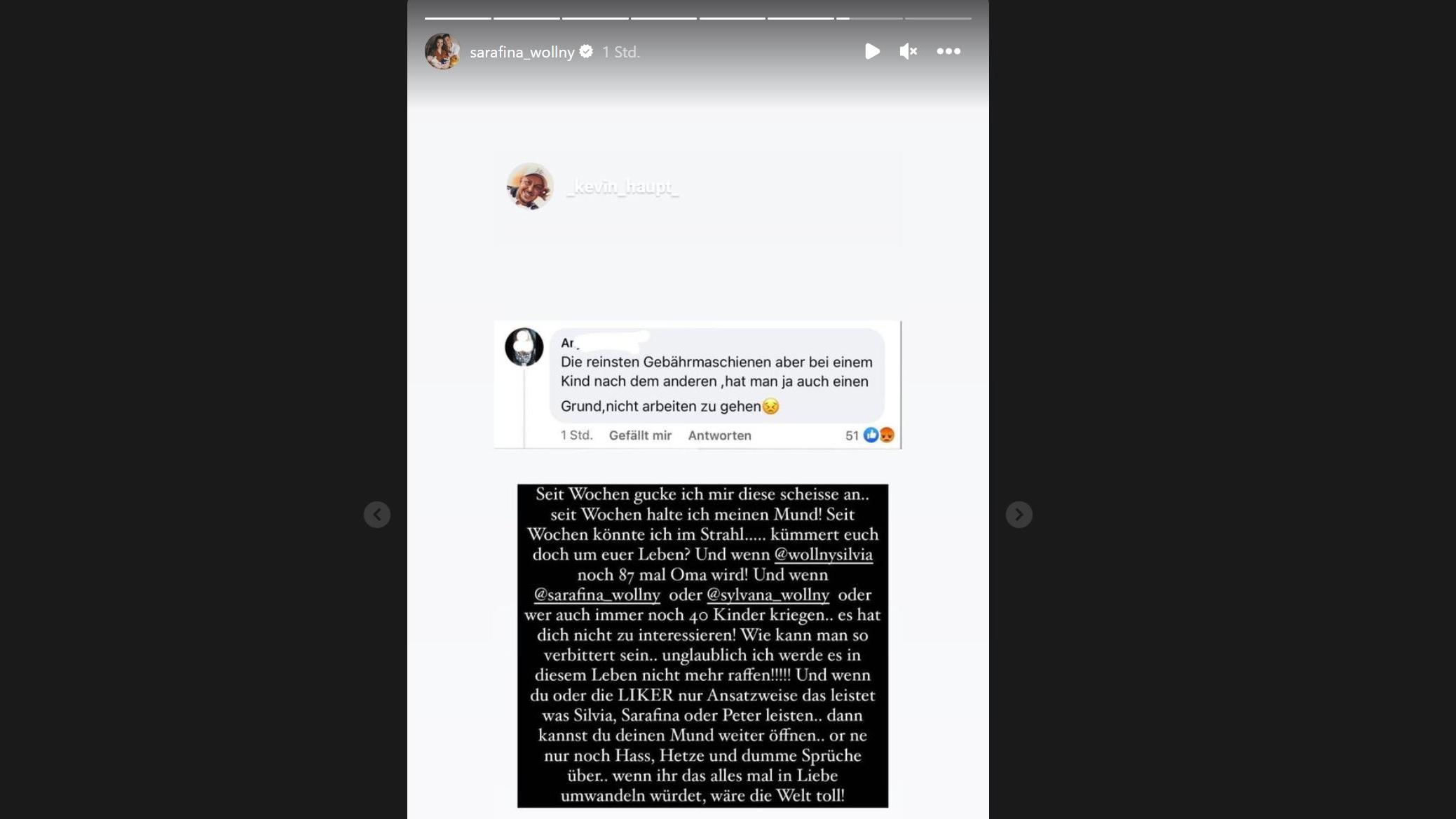 Sarafina teilt Kevins Hater-Ansage auf ihrem Instagram-Account.