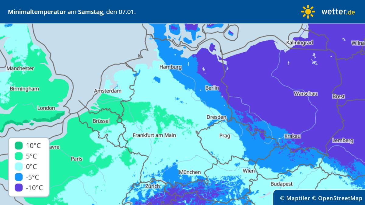 Die Grafik zeigt die Tiefsttemperaturen in Deutschland am 6.1.2023