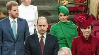 FILE - In this file photo dated Monday March 9, 2020, from back, Britain's Prince Harry and Meghan Duchess of Sussex, Prince William and Kate, Duchess of Cambridge, with Prince Charles, front, as the family members leave the annual Commonwealth Service at Westminster Abbey in London. Prince Charles has been preparing for the crown his entire life. Prince Harry has said he wants to have his father and brother back and that he wants â€œa family, not an institution,â€ during a TV interview ahead of the publication of his memoir. The interview with Britainâ€™s ITV channel is due to be released this Sunday. (Phil Harris/Pool via AP, File)