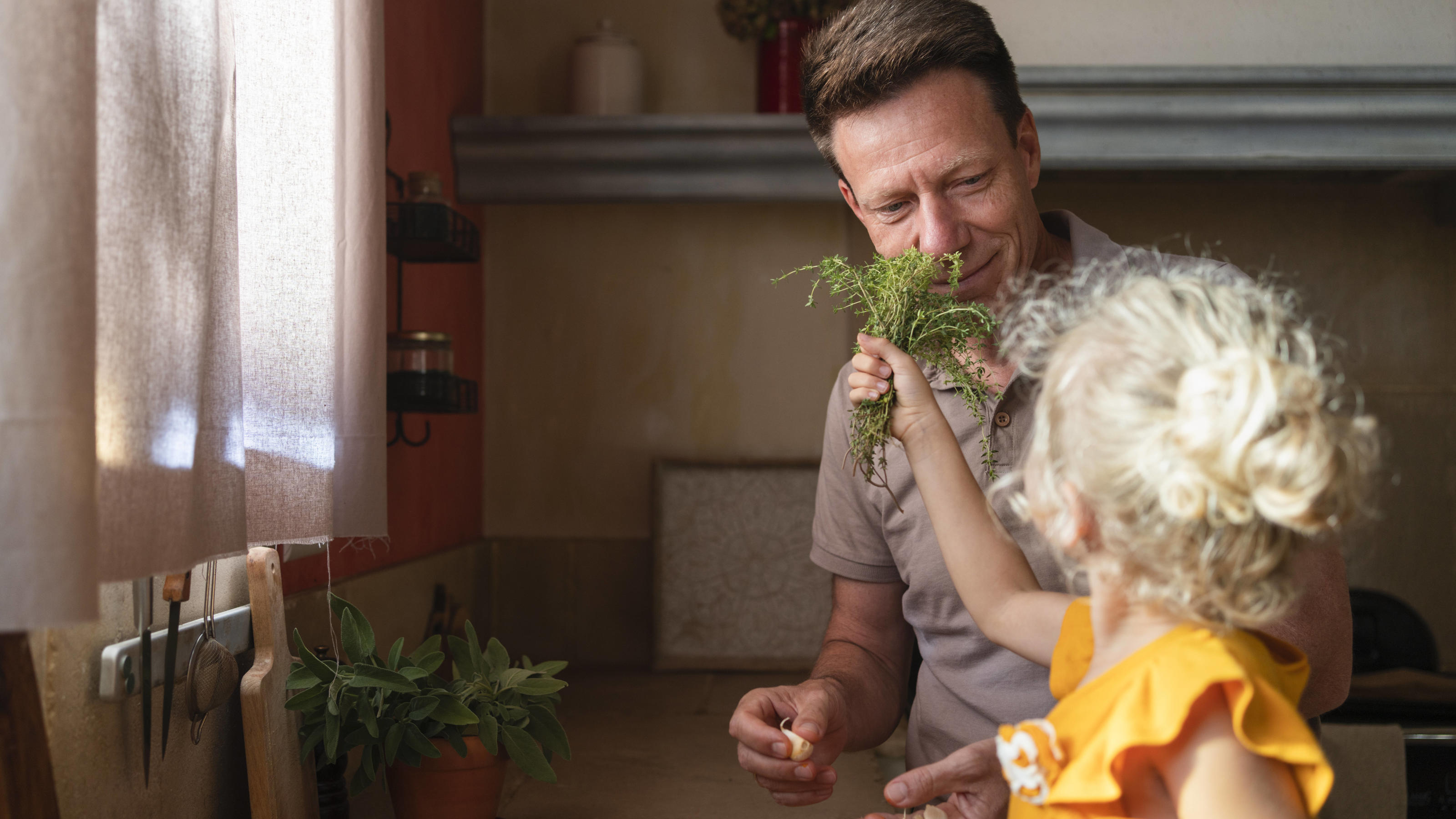  Girl holding thyme in front of father to smell in kitchen model released, Symbolfoto property released, SVKF00570