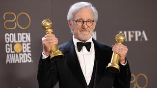 Steven Spielberg poses with his awards for Best Director in a Motion Picture and Best Picture Drama for The Fabelmans at the 80th Annual Golden Globe Awards in Beverly Hills, California, U.S., January 10, 2023. REUTERS/Mario Anzuoni