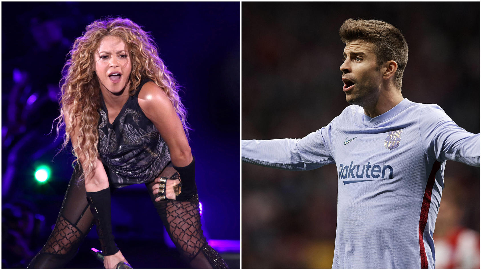 Collage aus zwei Bildern. Linkes Bild zeigt Shakira auf der Bühne, das rechte Bild zeigt Gerard Piqué, wie er sich während eines Fußballspiels aufregt.
