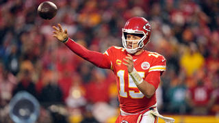 Jan 21, 2023; Kansas City, Missouri, USA; Kansas City Chiefs quarterback Patrick Mahomes (15) throws against the Jacksonville Jaguars during the second half in the AFC divisional round game at GEHA Field at Arrowhead Stadium. Mandatory Credit: Jay Biggerstaff-USA TODAY Sports
