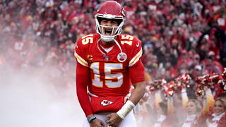 Jan 21, 2023; Kansas City, Missouri, USA; Kansas City Chiefs quarterback Patrick Mahomes (15) is introduced before playing against the Jacksonville Jaguars in the AFC divisional round game at GEHA Field at Arrowhead Stadium. Mandatory Credit: Denny Medley-USA TODAY Sports     TPX IMAGES OF THE DAY