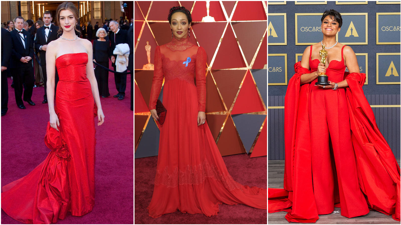 Anne Hathaway, Ruth Negga und Ariana DeBose nehmen den roten Teppich wörtlich und kamen zu den Oscars in der Signalfarbe Rot.