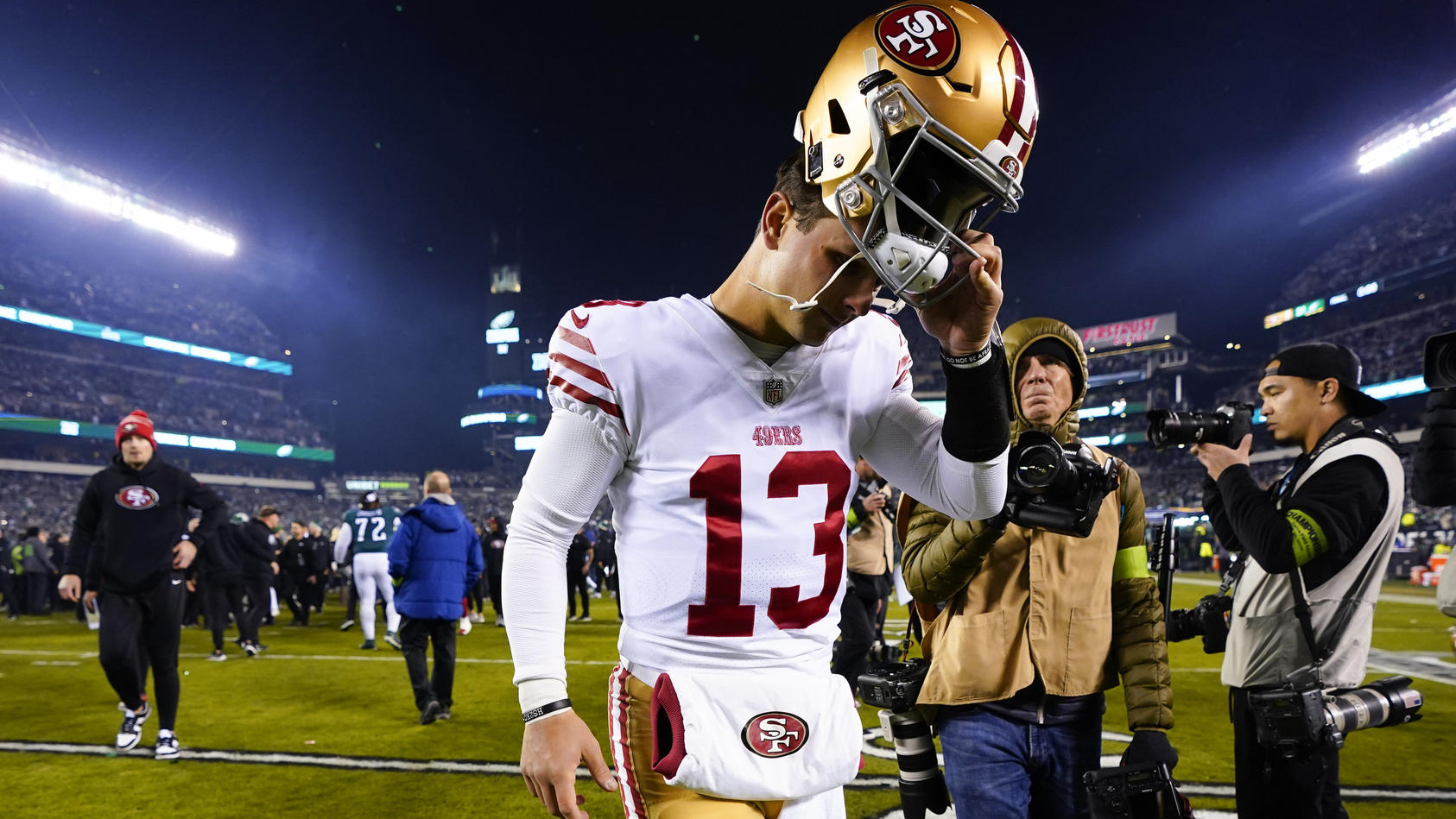 San Francisco 49ers quarterback Brock Purdy leaves the field after the NFC Championship NFL football game between the Philadelphia Eagles and the San Francisco 49ers on Sunday, Jan. 29, 2023, in Philadelphia. The Eagles won 31-7. (AP Photo/Chris Szag