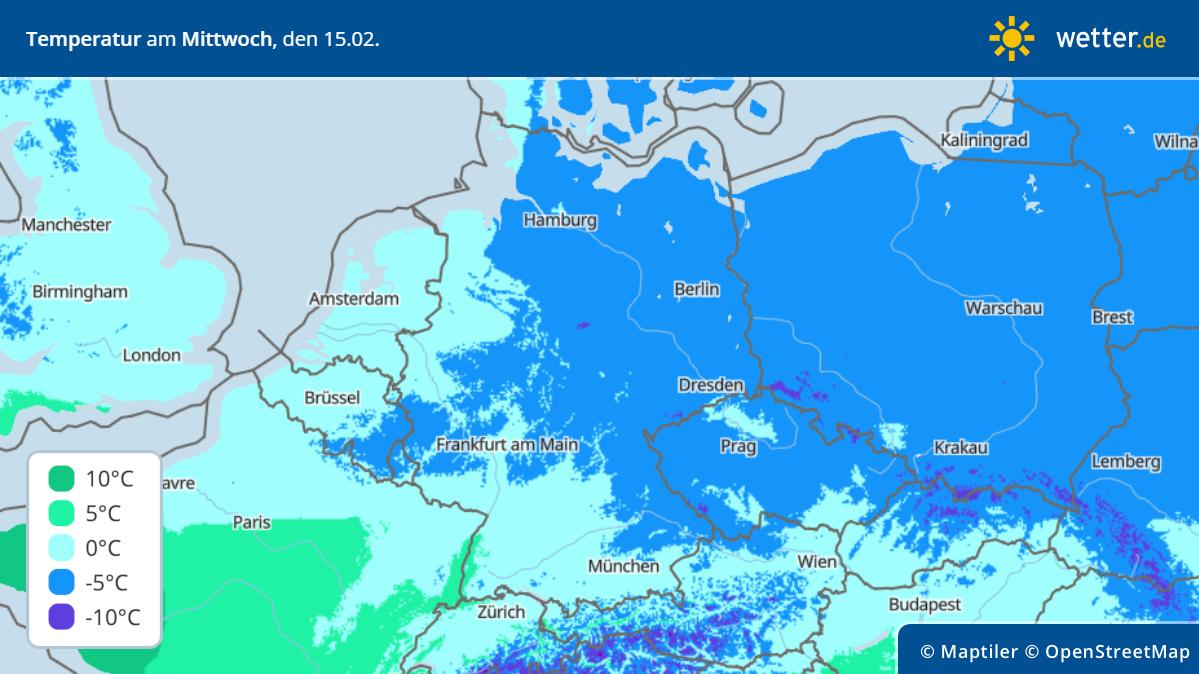 Die Grafik zeigt die Höchstwerte am Mittwoch, 15.02.2023