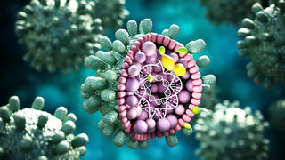 Strukturelles Detail des Hepatitis-B-Virus auf blau-grünem Hintergrund. 3D-Illustration.