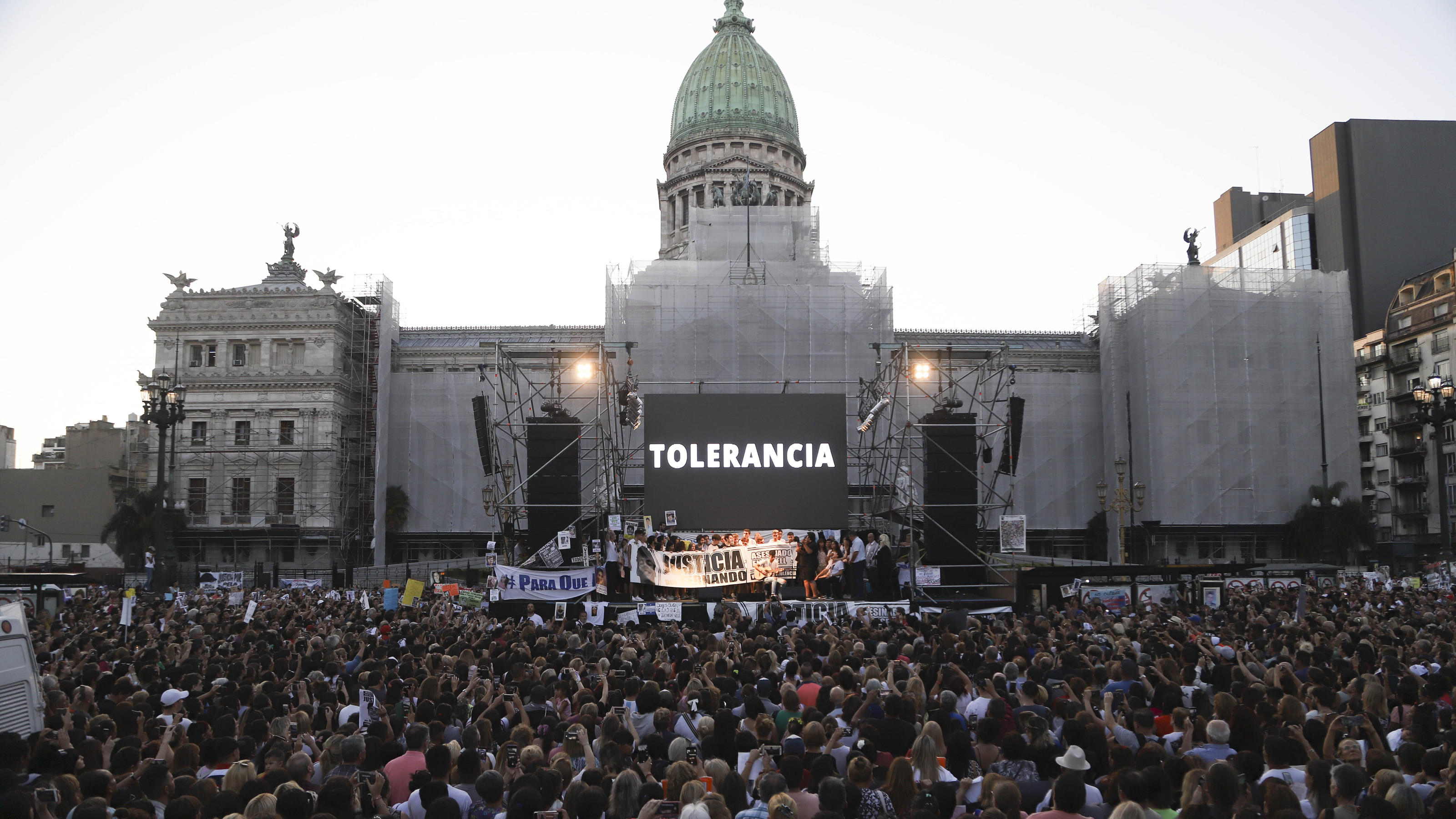 BUENOS AIRES, ARGENTINA - FEBRUARY 19: Thousands of people gather in front of the Congress to demand justice after a month of the murder of Fernando Baez Sosa, killed by a group of rugby players, in Buenos Aires, Argentina, on February 19, 2020. Mari
