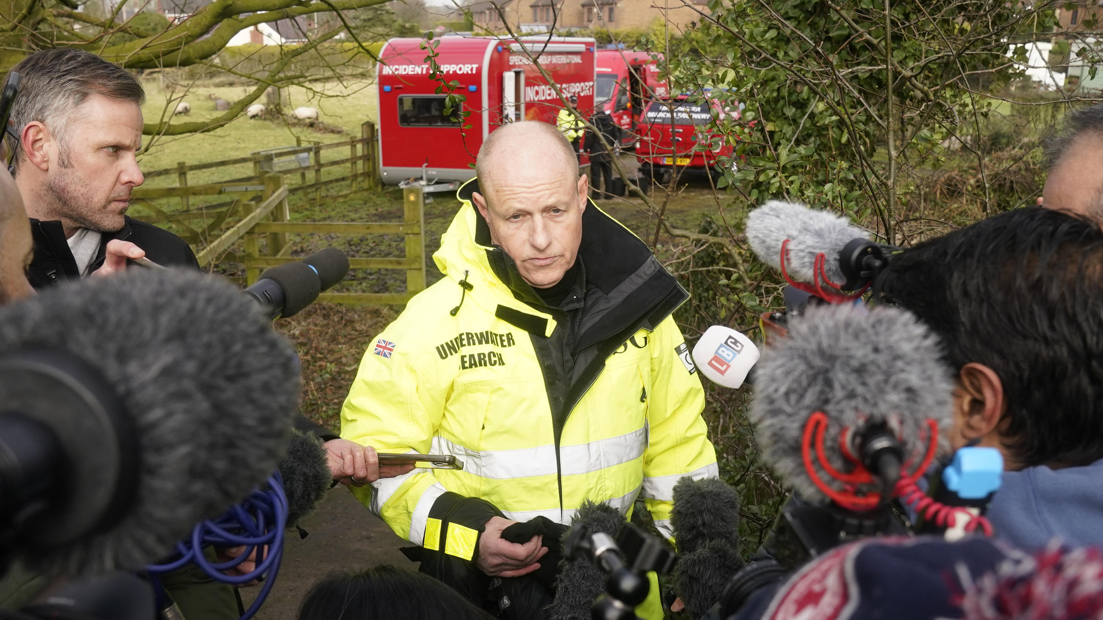 Nicola Bulley missing. Peter Faulding (centre) CEO of private underwater search and recovery company Specialist Group International (SGI), speaks to the media in St Michael's on Wyre, Lancashire, as police continue their search for missing woman Nico