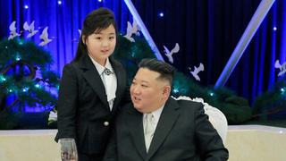 North Korean leader Kim Jong Un talks with his daughter Kim Ju Ae at a banquet to celebrate the 75th anniversary of the Korean People's Army the following day, in Pyongyang, North Korea February 7, 2023 in this photo released February 8, 2023 by North Korea's Korean Central News Agency (KCNA).      KCNA via REUTERS    ATTENTION EDITORS - THIS IMAGE WAS PROVIDED BY A THIRD PARTY. REUTERS IS UNABLE TO INDEPENDENTLY VERIFY THIS IMAGE. NO THIRD PARTY SALES. SOUTH KOREA OUT. NO COMMERCIAL OR EDITORIAL SALES IN SOUTH KOREA.