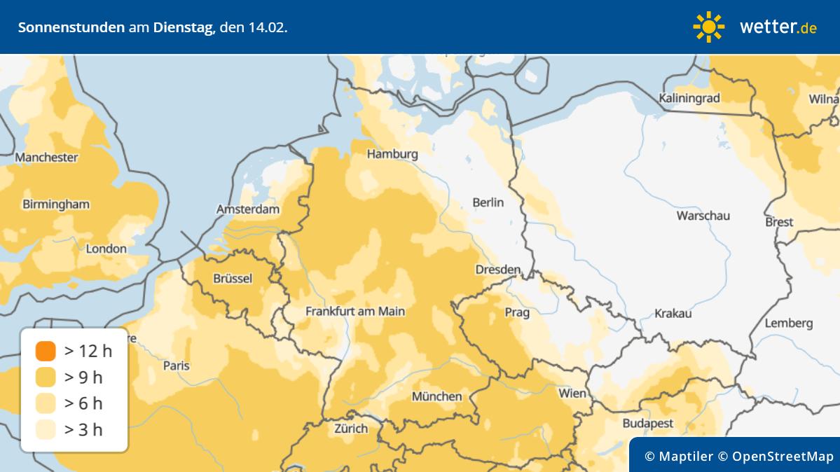 Die Grafik zeigt die Sonnenstunden am Dienstag, 14.02.2023